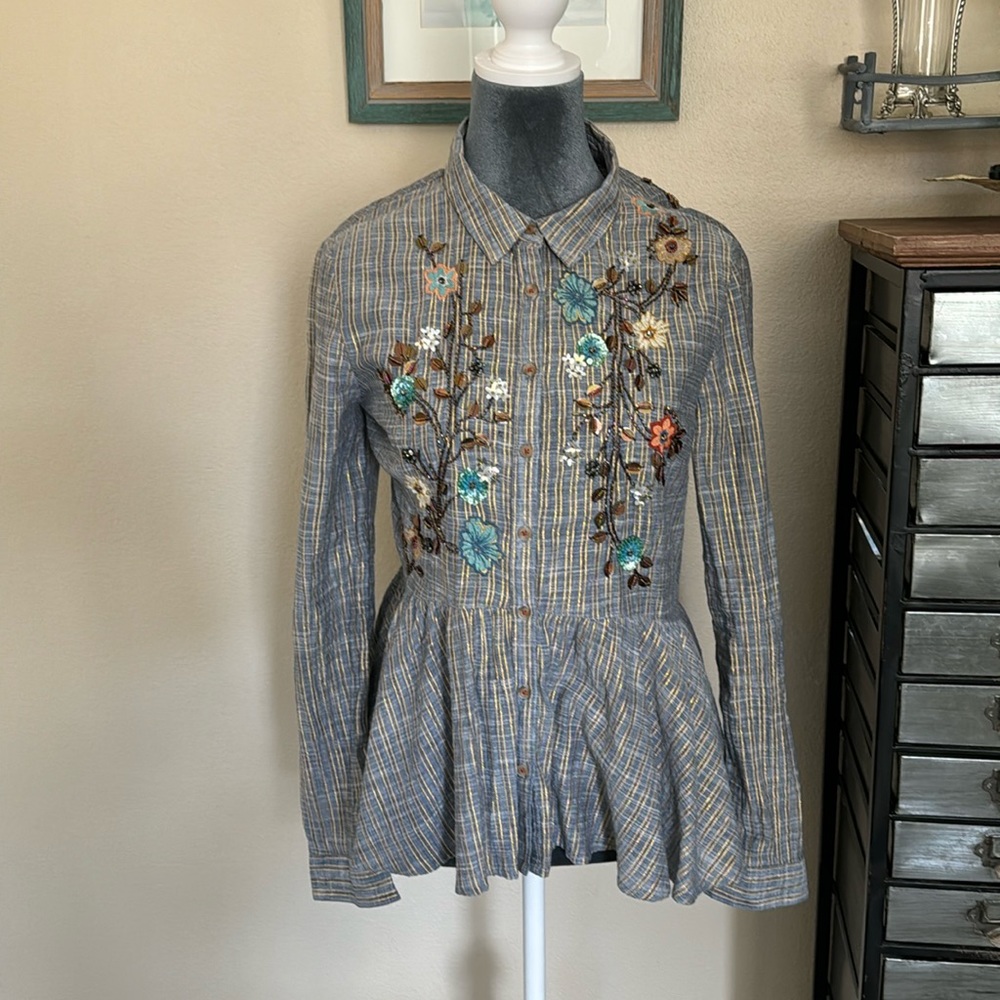 Preowned HD in Paris Ella Button Up Peplum Blue/Gold Striped Blouse, Size S